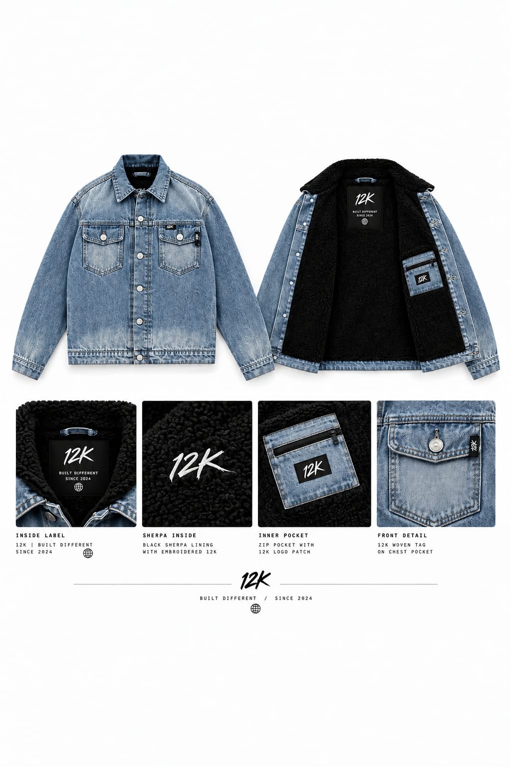 12K / 001 — Sherpa Denim Jacket, light washed vintage denim with organic cream sherpa collar